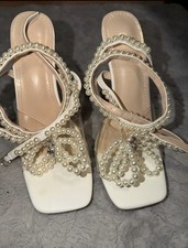 White Beaded Strappy Block Heel Sandals Ankle Strap Buckle Open Toe Women