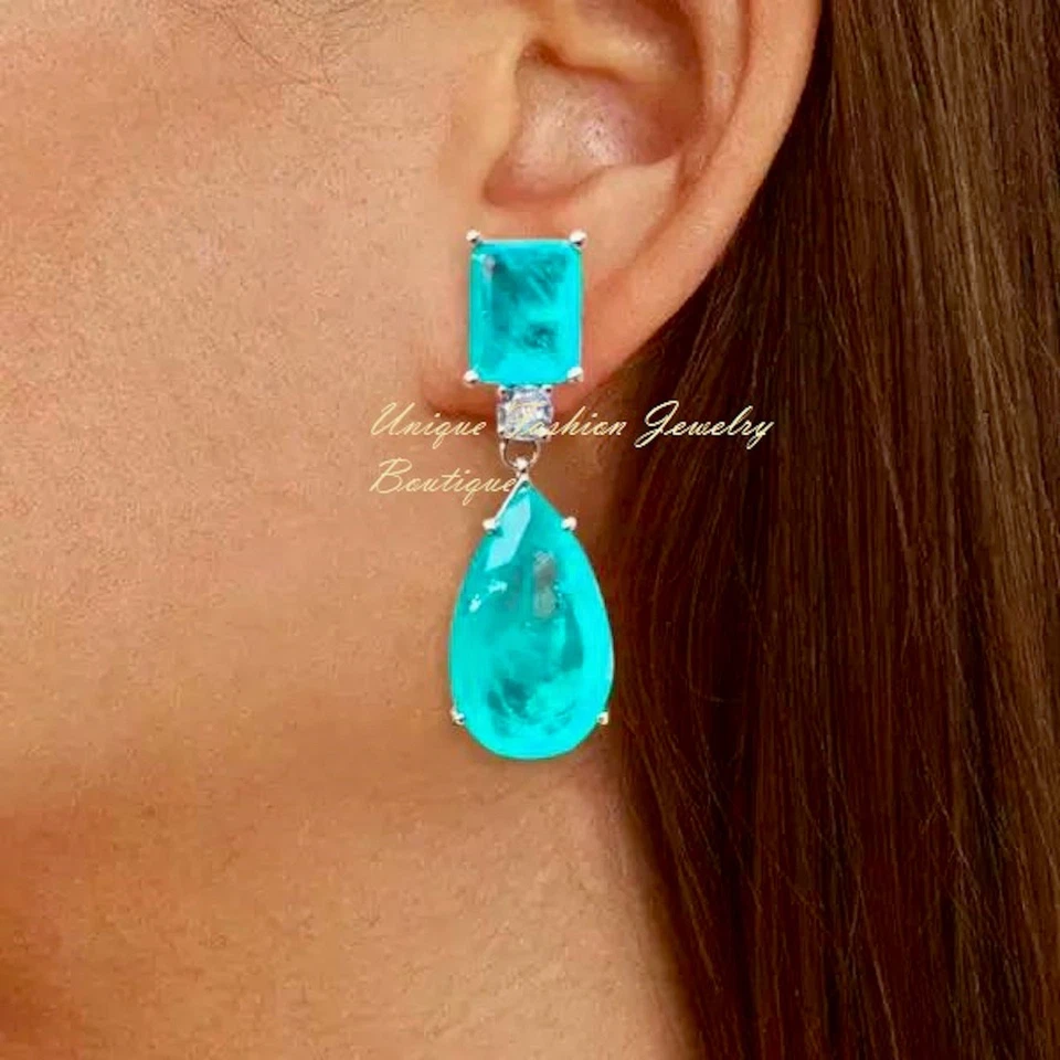8 CTW Paraiba Tourmaline Drop Earrings Wedding Jewelry Gift 18K Platinum Plated - Image 3 of 4