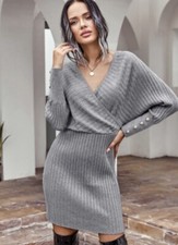 New Women's Small Grey Wrap V Neck Batwing Sleeves Ribbed Sweater Dress