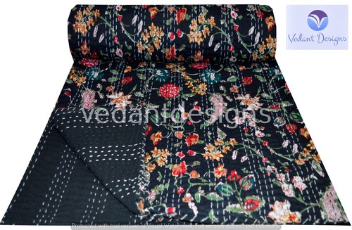 Indian Handmade Floral Kantha Quilt Reversible Bedspread Queen/Double Cotton - Picture 2 of 5