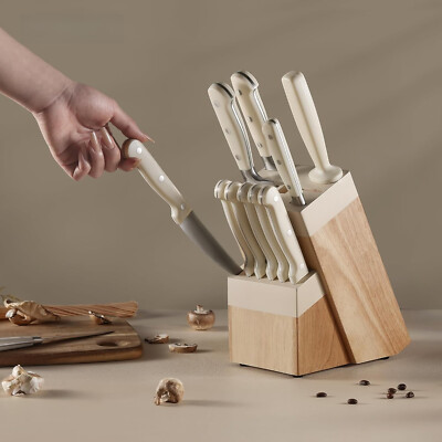 14-Piece Knife Set with Block, Forged, Stainless Steel Sharp Blade Set, Cream