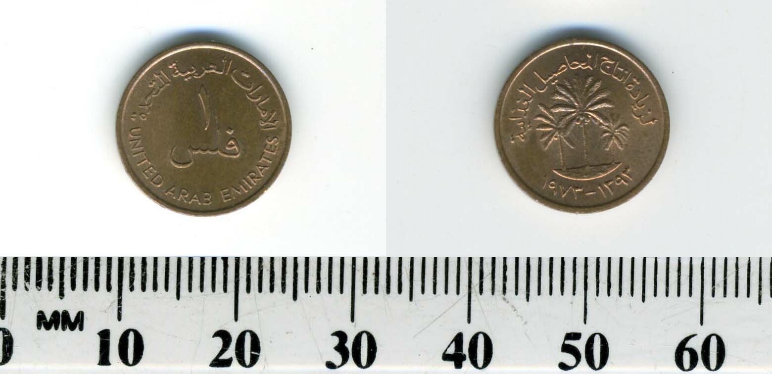United Arab Emirates 1973 (1393) 1 Fils Bronze Coin Date palms above dates Antique Coins World