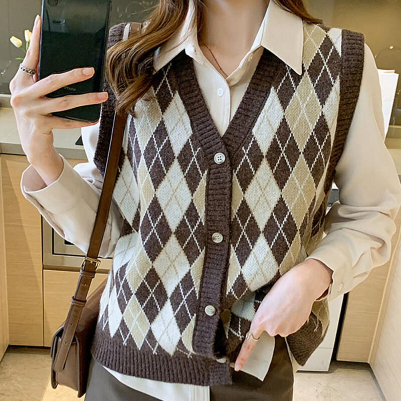 Women Waistcoat Knitted Plaid Check 