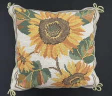 Needlepoint Sunflower Pillow Velvet Back Farmhouse Fall Décor 14”