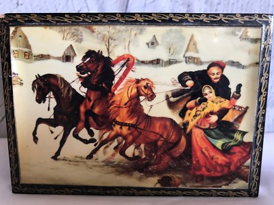 Vintage Black & Red Lacquer Wood Box Horses Man Lady Capture Russian Snow Scene