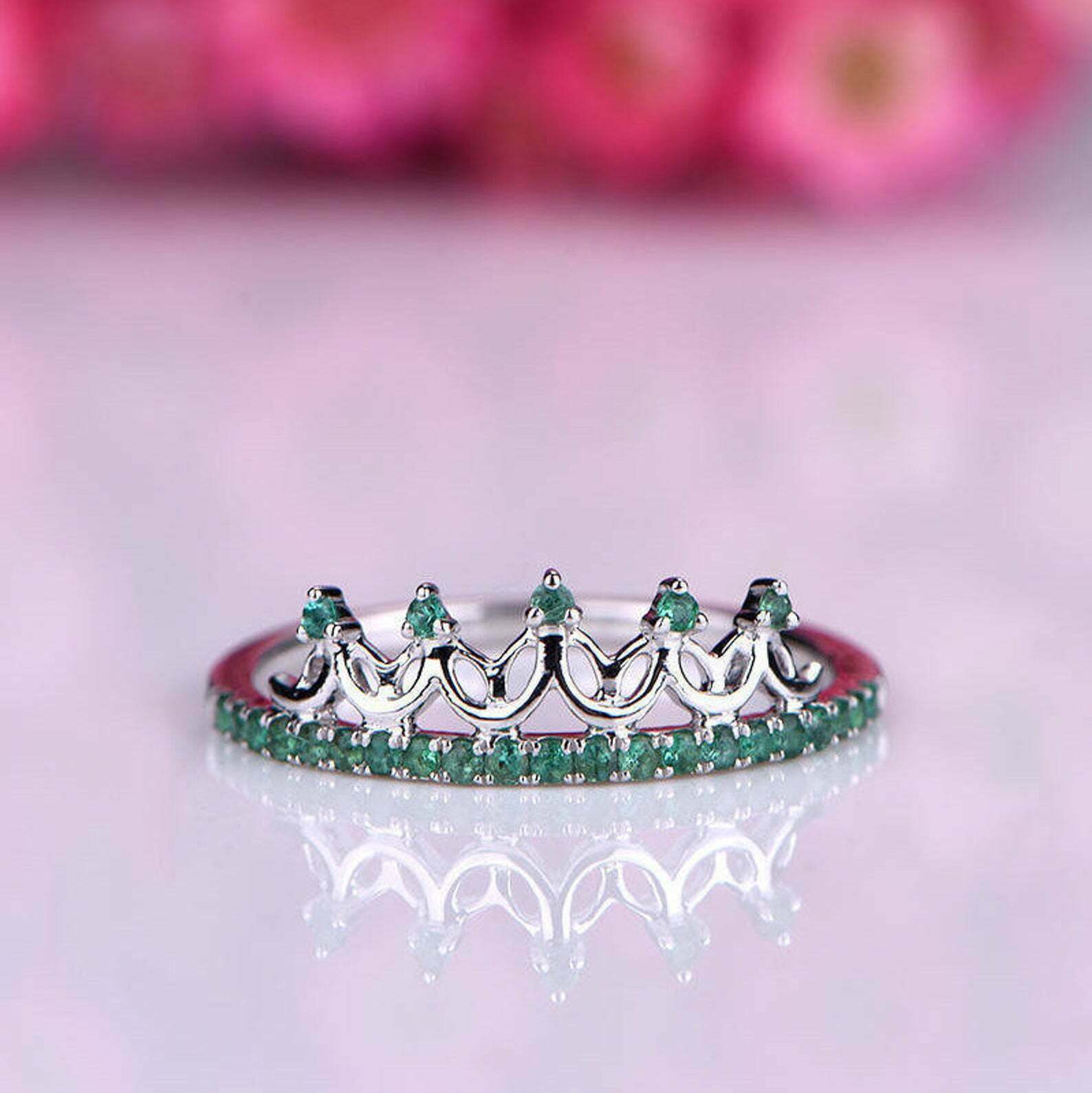 0.26ct Natural Green Emerald Crown Tiara Engagement Ring in 14k Solid White Gold