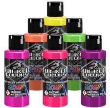 Createx Wicked Colors Fluorescent Set Airbrush Paint Water Based 6  2oz W103