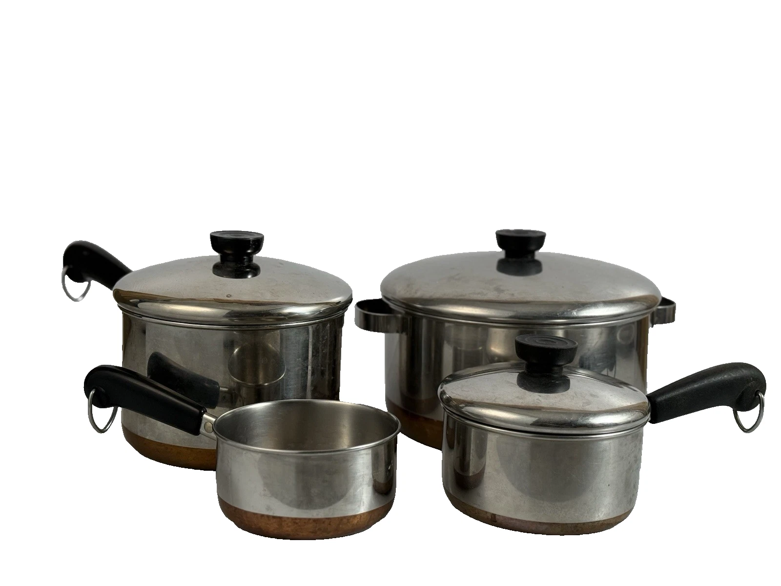 7 Piece Set Revere Ware Copper Clad Bottom Stainless Steel 4 Pans w 3 Lids