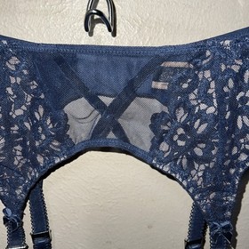 2 Piece Dita Von Teese Lingerie Set - Blue Bra , Garter Belt - Pinup Lace Strap