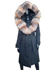 Black women's winter coat with hood and fox fur