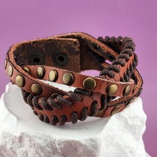 Brown Studded Snap Cuff Bracelet Wide Leather Look Boho Punk Statement