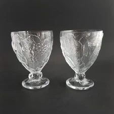 2 Pasabahce Water Wine Goblet Fruit Embossed Press Glass Vintage Turkey EUC