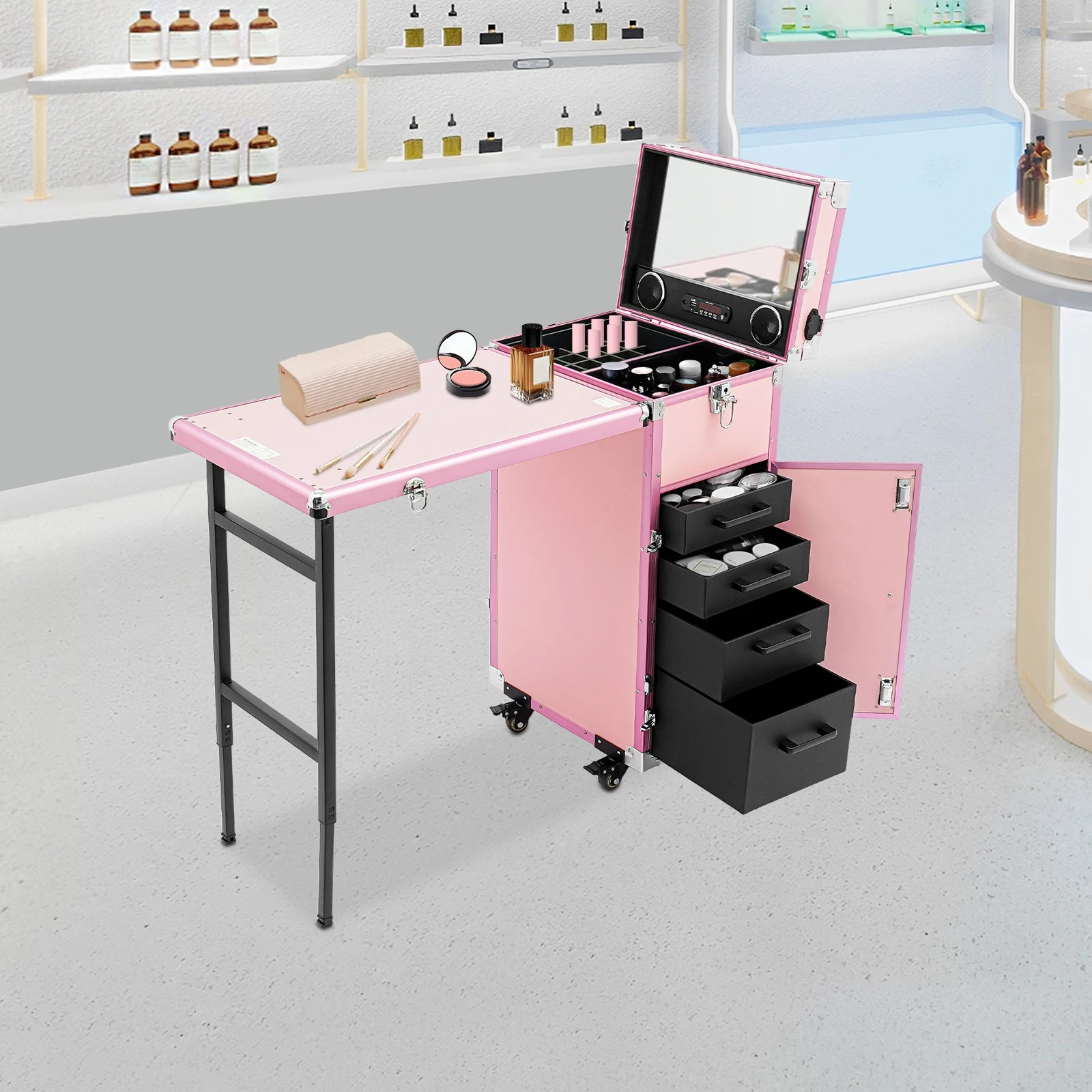 Rolling Manicure Table Nail Desk Travel Train Case Cosmetic Trolley Cart+Speaker