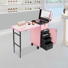 Rolling Manicure Table Nail Desk Travel Train Case Cosmetic Trolley & Speaker US