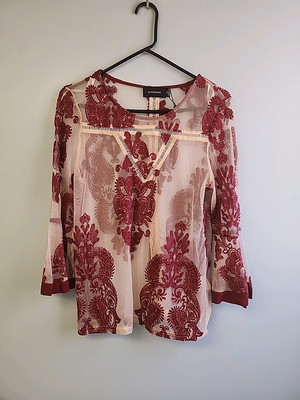 Minkpink Womens XS Embroidered Sheer Mesh Top Pink Tulle Burgundy Bell Sleeves