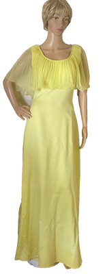 1970s Glamorous Yellow Chiffon Shawl Collar Maxi Dress-Ladies Union Label-Small
