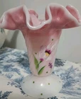Fenton Rosalene HP Pink Tulips Double Crimped Swirl Vase Mint Cond 6in By 5in