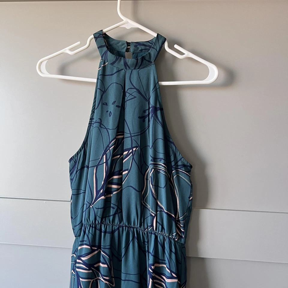 Everly Dress Womens Small Teal Floral Halter High Neck Maxi Lined Pockets DR7633 - Image 2 of 4
