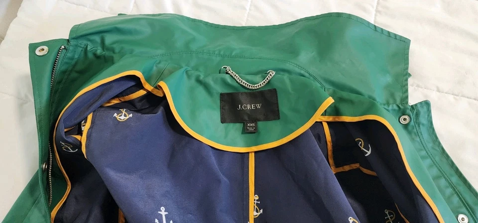 J Crew Impermeable Mujer Talla XSS Verde Chaqueta de Lluvia Capucha Cremallera Completa Abrigo Foto 2 de 4