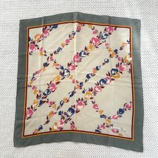 Christian Dior Vintage Grey Square Border Floral Diagonal Grid Silk Scarf Read
