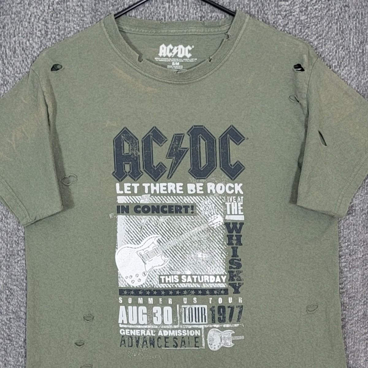 AC/DC T-Shirt Mens S/M Olive Green Distressed 1977 Let There Be Rock Tour View 2
