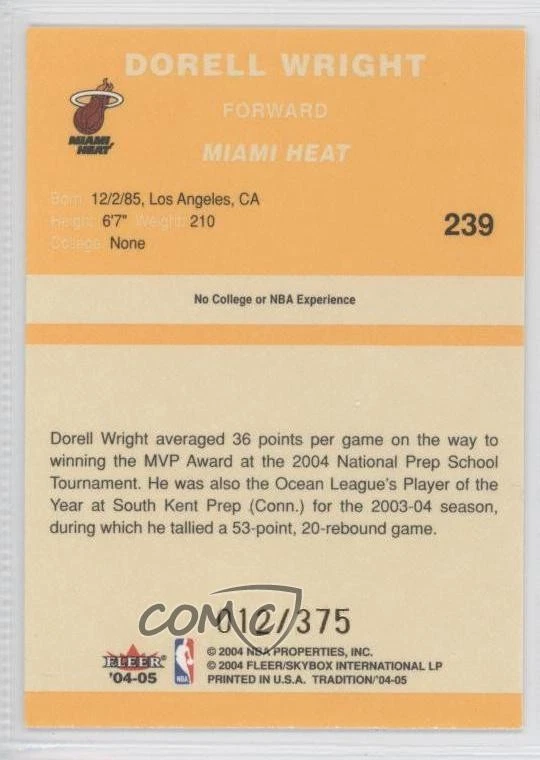 Fleer Tradition Draft Day Rookie 2004-05/375 Dorell Wright #239 radiocontrol Foto 2 de 2