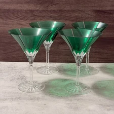 Vintage 80s Ajka Castille Albinka Green Cut to Clear Set of Four Martini Glasses
