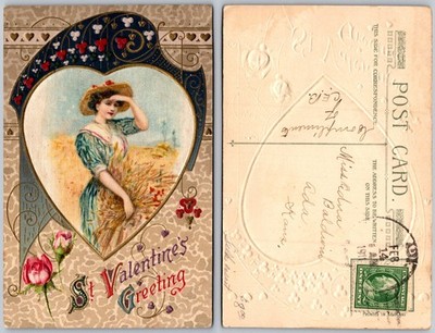 St Valentines Harvest Lady Wheat Field Postcard