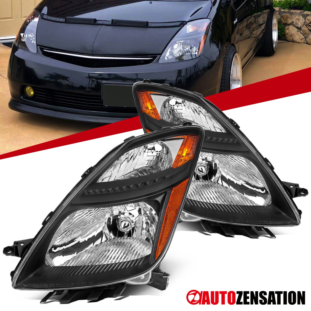 Fit 2006-2009 Toyota Prius Black Halogen Headlights Head Lamps