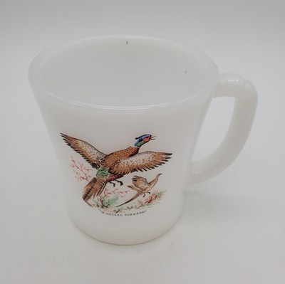 Vintage Fire King White Milk Glass Ring-Necked Pheasant Mug