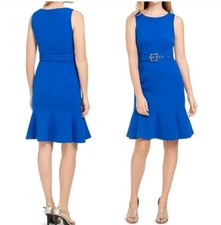 Calvin Klein Royal Blue Sleeveless Sheath Dress Belted Flounce Hem Size 8