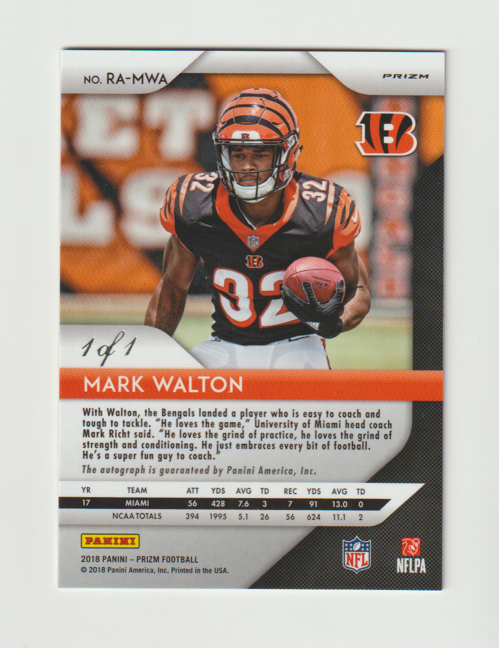 2018 Prizm Mark Walton RC 1 of 1 Black Finite Prizm Auto Low SN 1/1 Bengals NE view 2