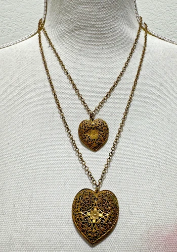Miriam Haskell Double Heart Filigree Pendant Chain Necklace Signed READ Brass