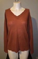 Womens Minnie Rose Cashmere Tattered Distressed Sweater M Medium V Neck