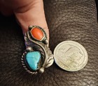Vintage Sterling Silver Turquoise Coral Ring Size 5-6 signed H 1950-1970s NAVAJO — photo 8