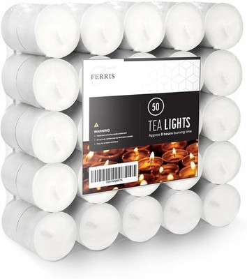 FERRIS | 50er Pack Duftlose Teelichtkerzen | 8 Stunden lang à 50, weiß 