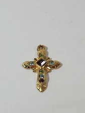Premier Designs Gold Tone Cross Pendant Purple Blue Green Rhinestones