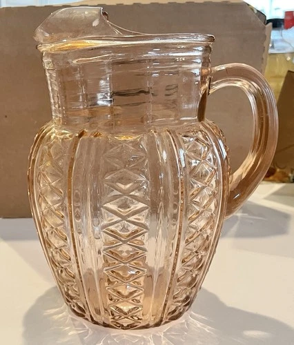 Vintage Anchor Hocking Diamond & Lines Pink Depression Glass Pitcher W/ Ice Lip.