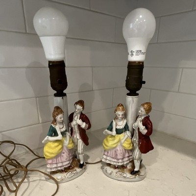 Vintage Ceramic Couple Figurine Lamp Set with Bell Shades, Multicolor