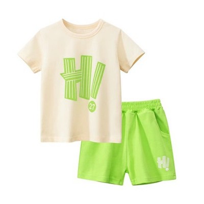 2pc Unisex Baby Toddler Knit Cotton Shorts Set Beige Tee Green Hi Graphic