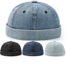 Men Denim Retro Brimless Hat Skull cap Sailor Cap Beanie Rolled Cuff Adjustable
