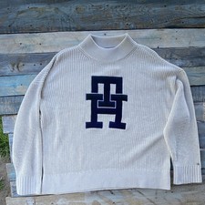 Tommy Hilfiger Chunky-Knit Ivory Mock Neck Logo Pullover Sweater XXL Women