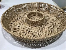 Round Tan Chip and Dip Server Wicker Woven Baskets Table Top Wicker Bohemian jl