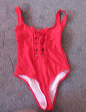 Size 12 Red Lace up front Bathing Swim Suit High Leg  Wide Strap VGC
