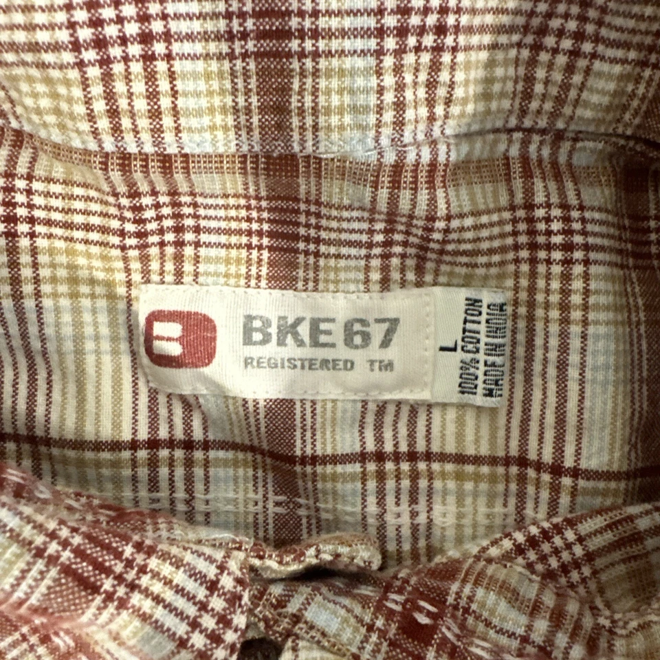 BKE 67 Men's Western Pearl Snap Shirt Large Red Yellow White Plaid Long Sleeve - Image 3 of 4