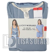 Women's Lucky Brand 3 piece Pajama Set Tee Tank Short Gray Blue Pink M L XL
