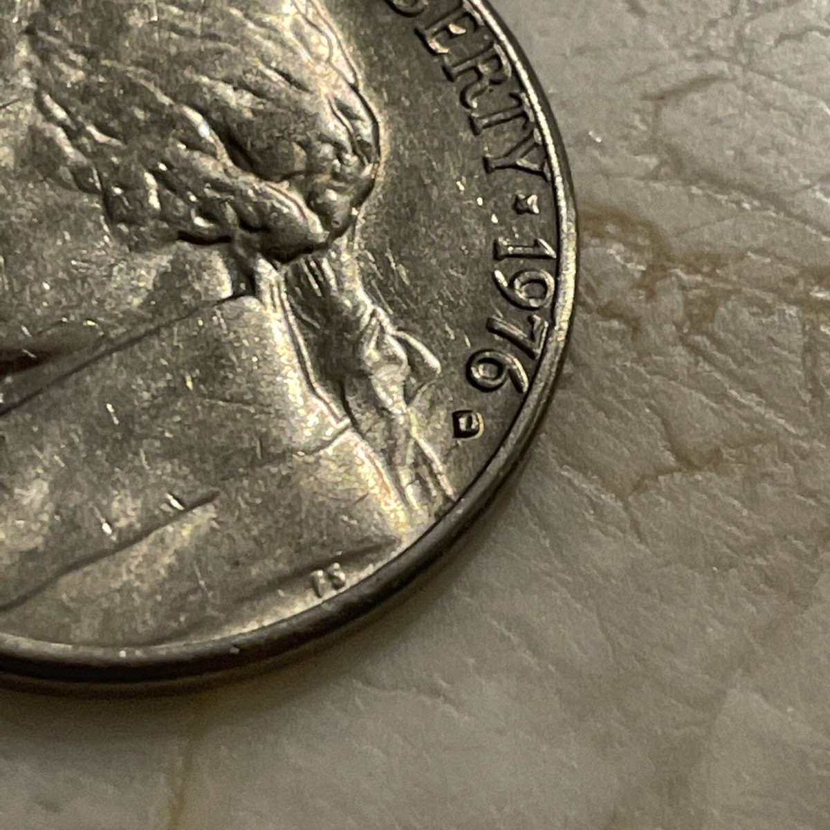 1976 D Jefferson Nickel Five (5) Cent Error Filled “D” RPM DDO