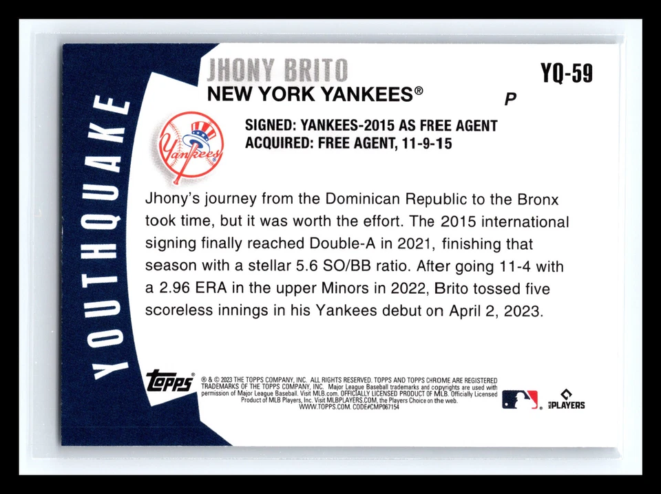 2023 Topps Chrome Update Youthquake Jhony Brito #YQ-59 Refractor Rookie RC - Image 2 of 2