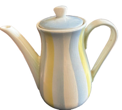 Vintage Kaffeekanne Keramik gelb blau gestreift Waku feuerfester Boden 16 cm
