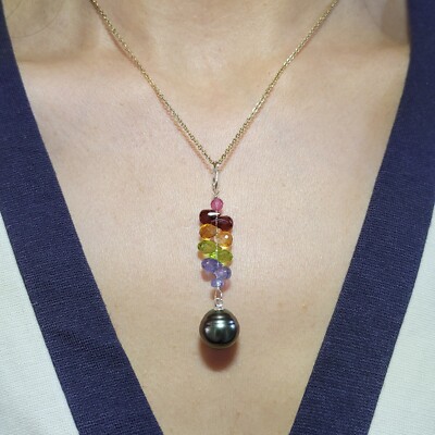 Pendentif Délicat En Argent 925 Avec Perle Noire De Tahiti Et Saphir/grenat - Marque Rose-Mimosa